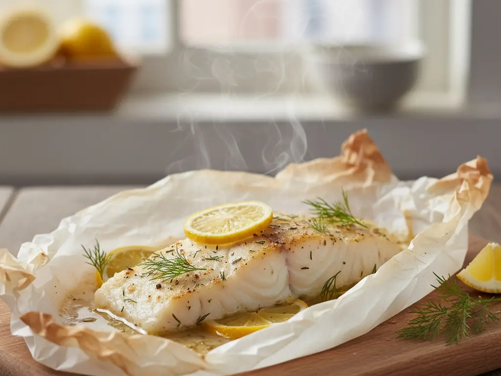 a light and flaky baked white fish with lemon and herbs illustrating a healthy low-calorie and high-protein meal for weight loss
