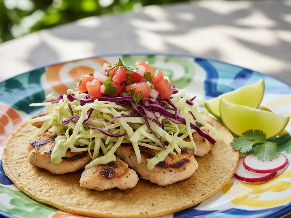 a light and healthy fish taco with fresh salsa and slaw demonstrating a flavorful low-calorie way to enjoy fish for weight loss