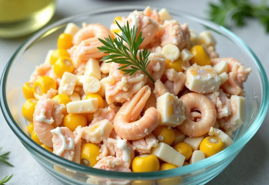 a light salad with pieces of imitation crab shown as a low-calorie meal option when losing weight