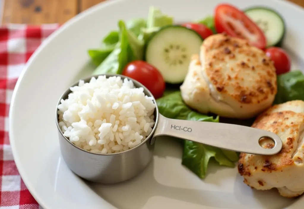 a measuring cup showing a controlled portion of rice next to a plate of protein and vegetables symbolizing its role in a balanced weight loss meal