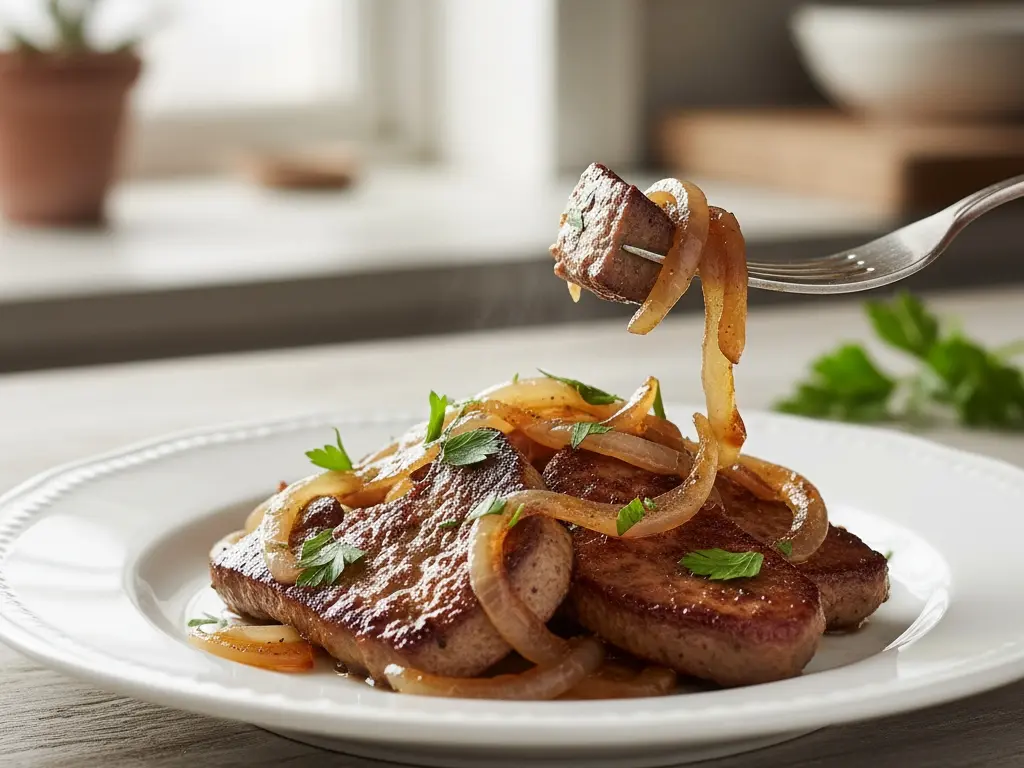 a modest portion of pan-fried liver with onions highlighting it as a nutrient-dense high-protein option for a weight loss diet