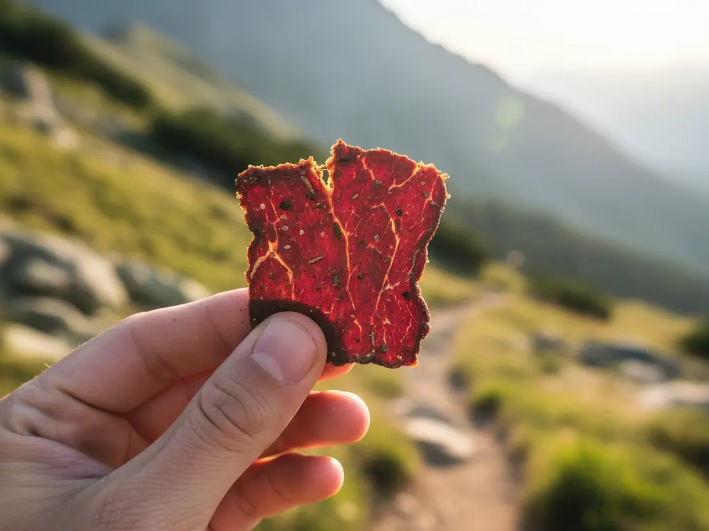 a person holding a piece of beef jerky while on a hike portraying it as a convenient high-protein snack for an active weight loss lifestyle