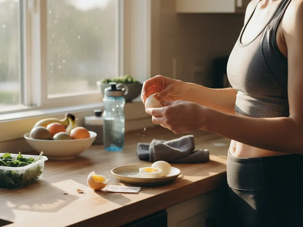 a person peeling a hard-boiled egg after a workout showing it as a convenient high-protein snack for muscle recovery and weight loss