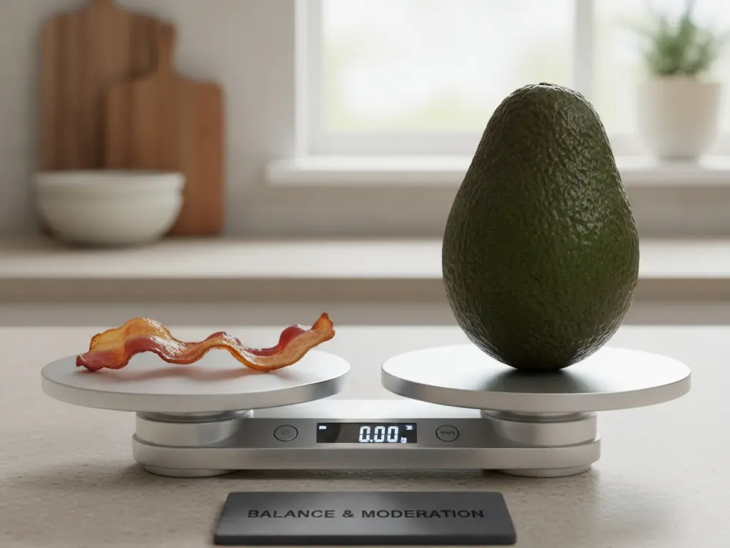 a photo of a balance scale weighing a small piece of bacon against a healthy fat like avocado symbolizing the need for moderation in a weight loss diet