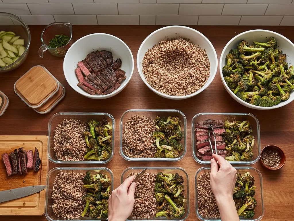 a photo showing someone meal-prepping containers with lean steak and vegetables highlighting portion control for a weight loss diet