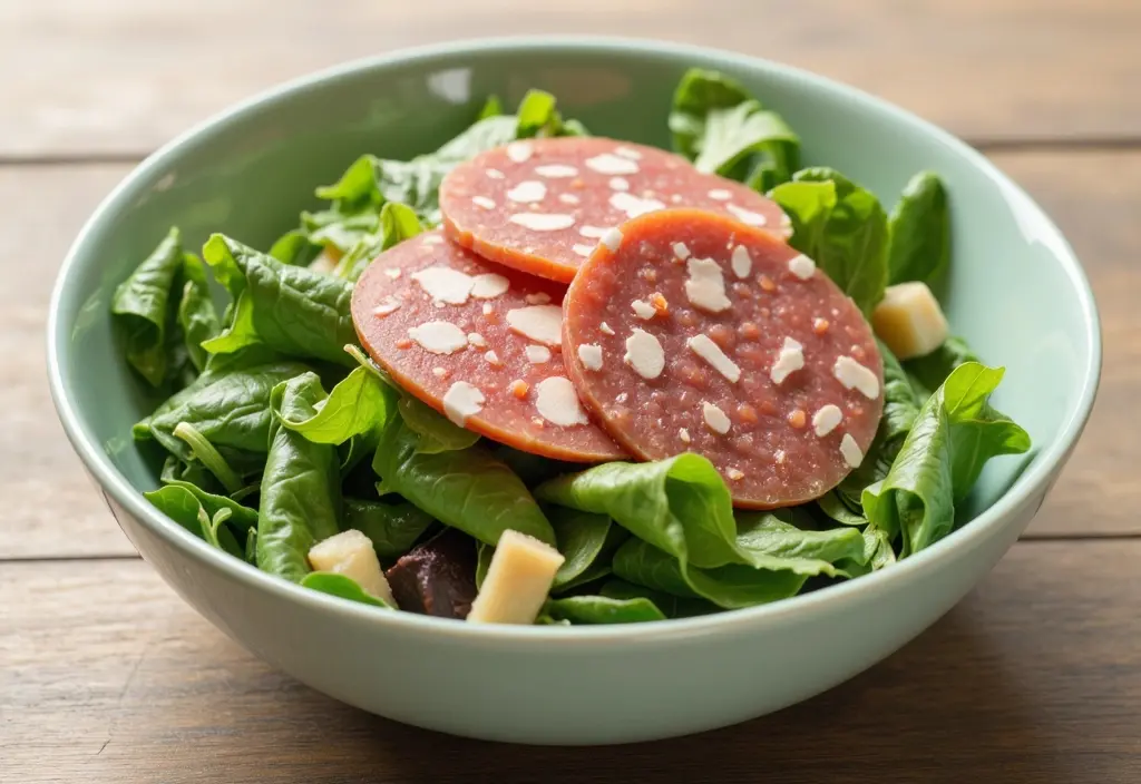 a photograph showing only two thin slices of salami on a large salad symbolizing the need for minimal intake during weight loss