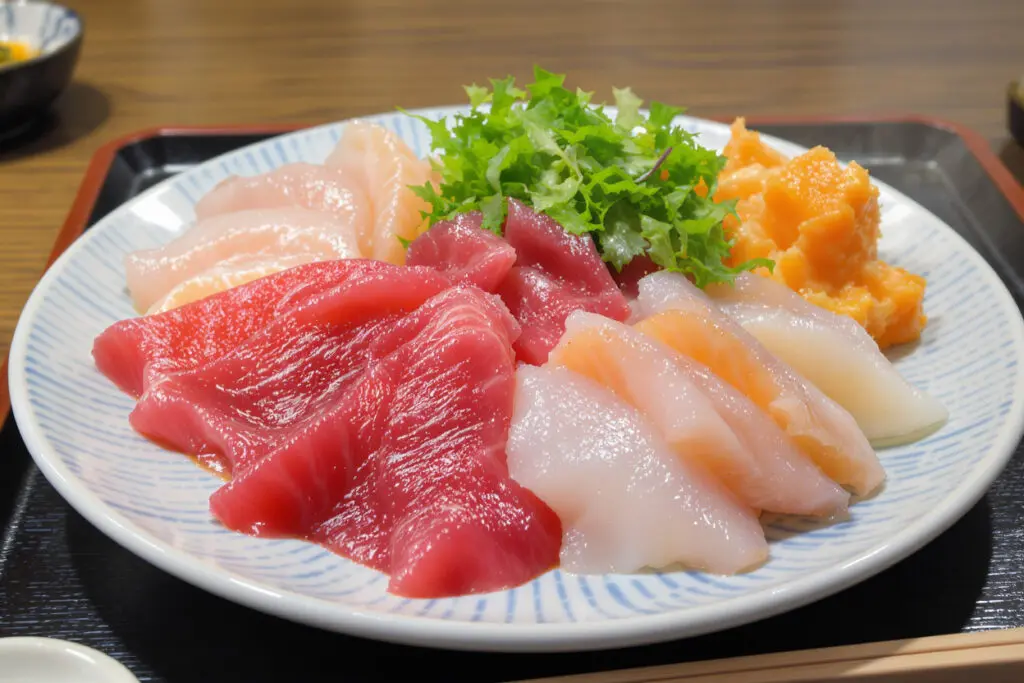 a platter of fresh sashimi and seaweed salad representing the best high-protein low-carb choice for weight loss when eating sushi
