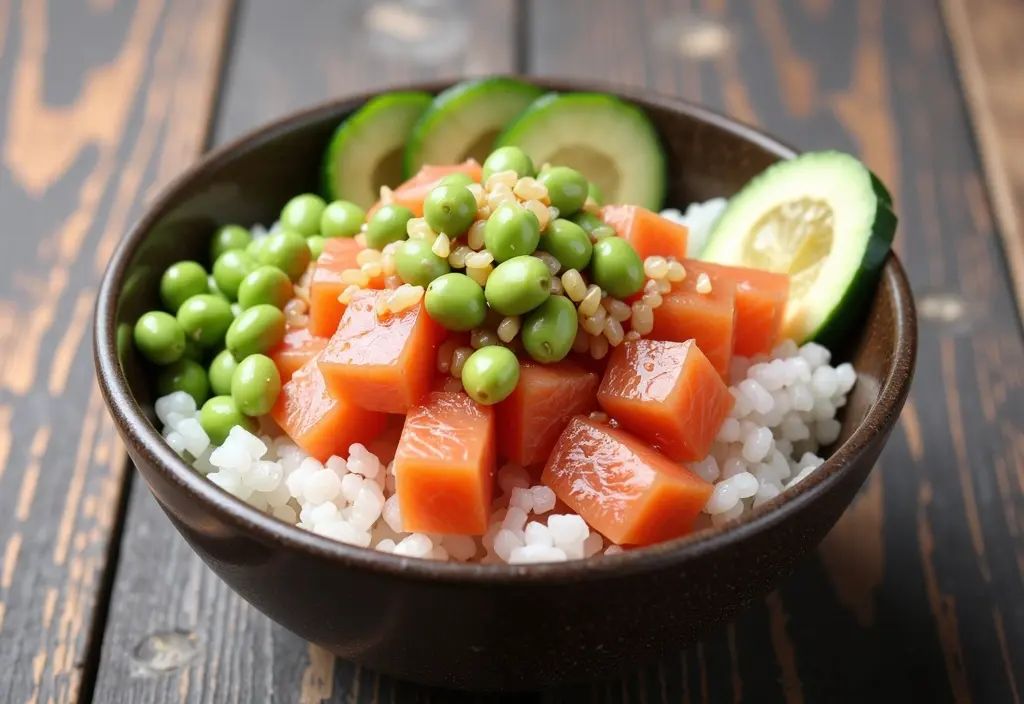 a poke bowl with a small amount of rice and a large amount of protein and vegetables showing how to balance rice in a weight loss diet