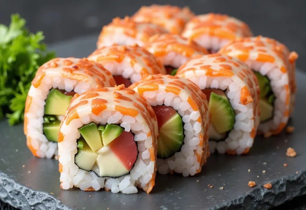a portion-controlled california sushi roll containing imitation crab showcasing it as a low-calorie ingredient when used in moderation