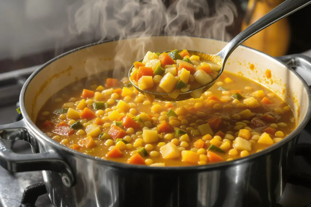 a pot of hearty broth-based vegetable and lentil soup illustrating a filling high-volume and low-calorie meal ideal for weight loss