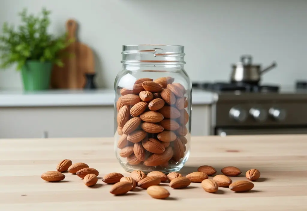 a pre-portioned container of raw almonds highlighting them as a convenient fiber-rich and healthy snack for a weight loss plan