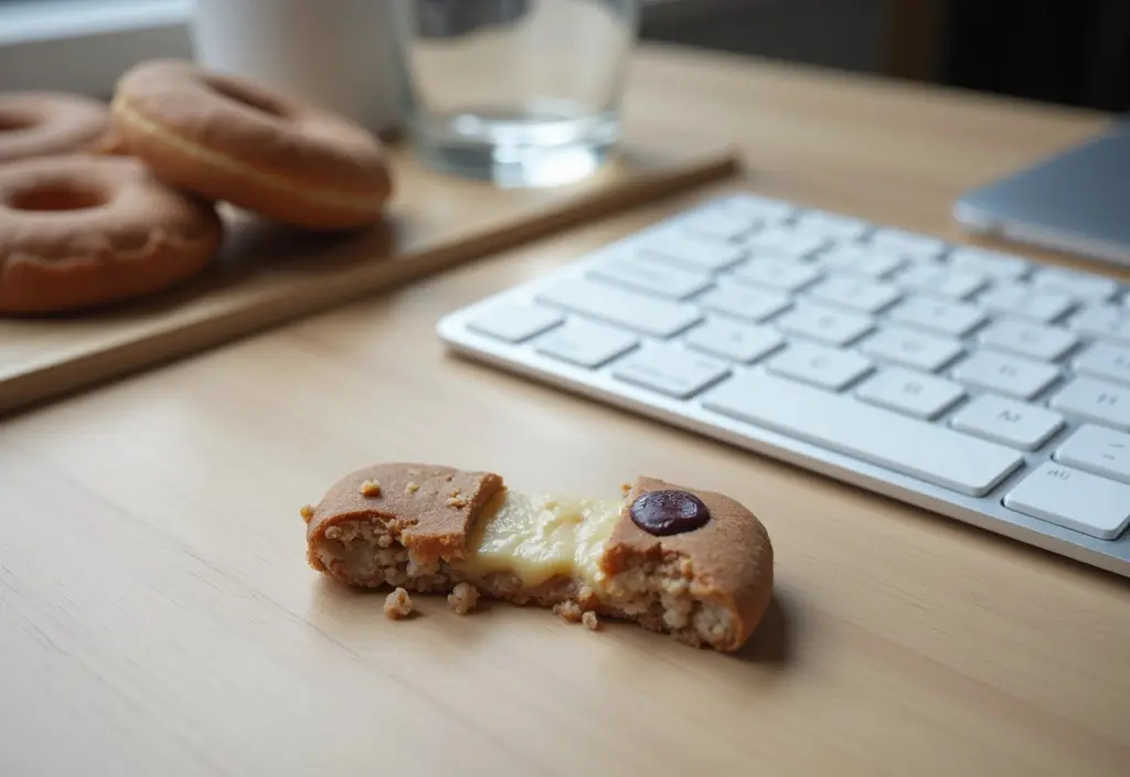 a protein bar shown as a smart snack choice in an office setting helping to curb cravings and prevent unhealthy eating during the workday