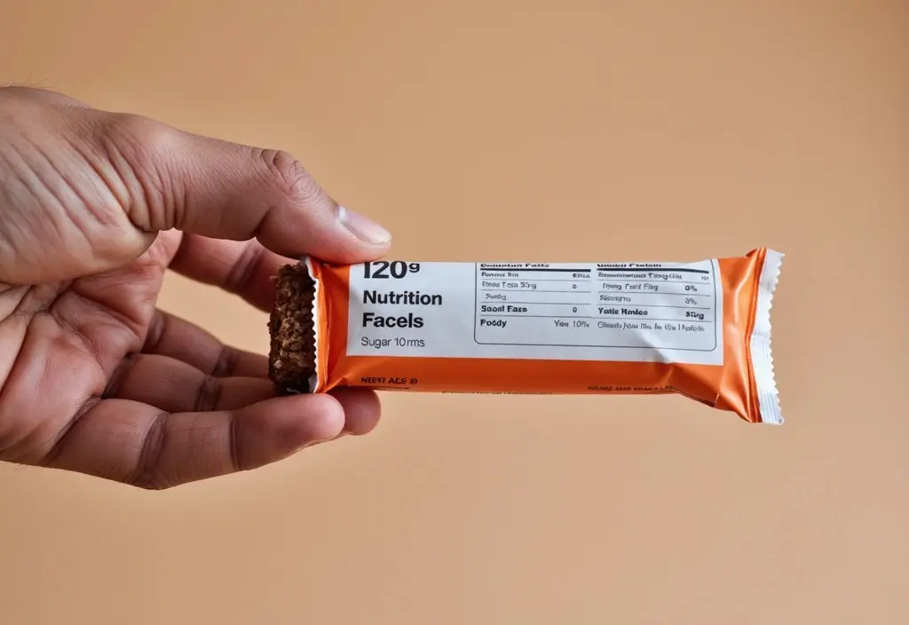 a protein bar with a clear view of the nutrition label emphasizing the importance of choosing a bar high in protein and low in sugar for weight loss
