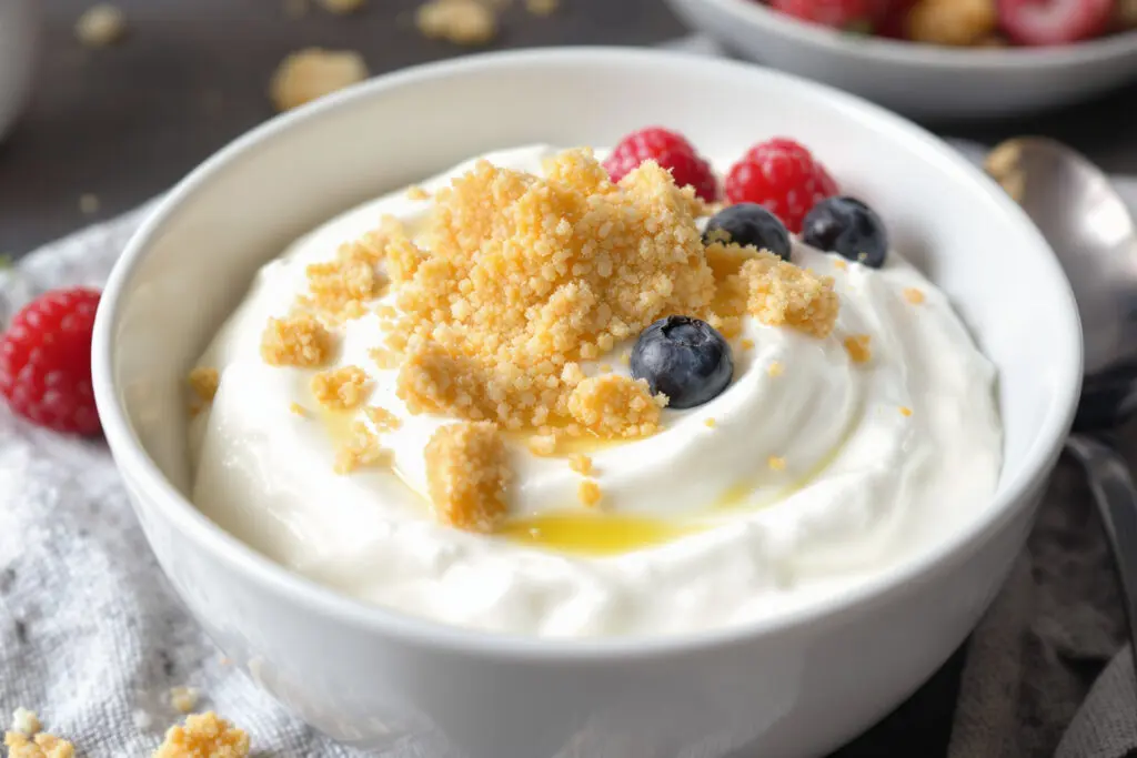 a rice cake crumbled over yogurt as a low-calorie alternative to granola demonstrating a creative way to use it for a crunchy texture