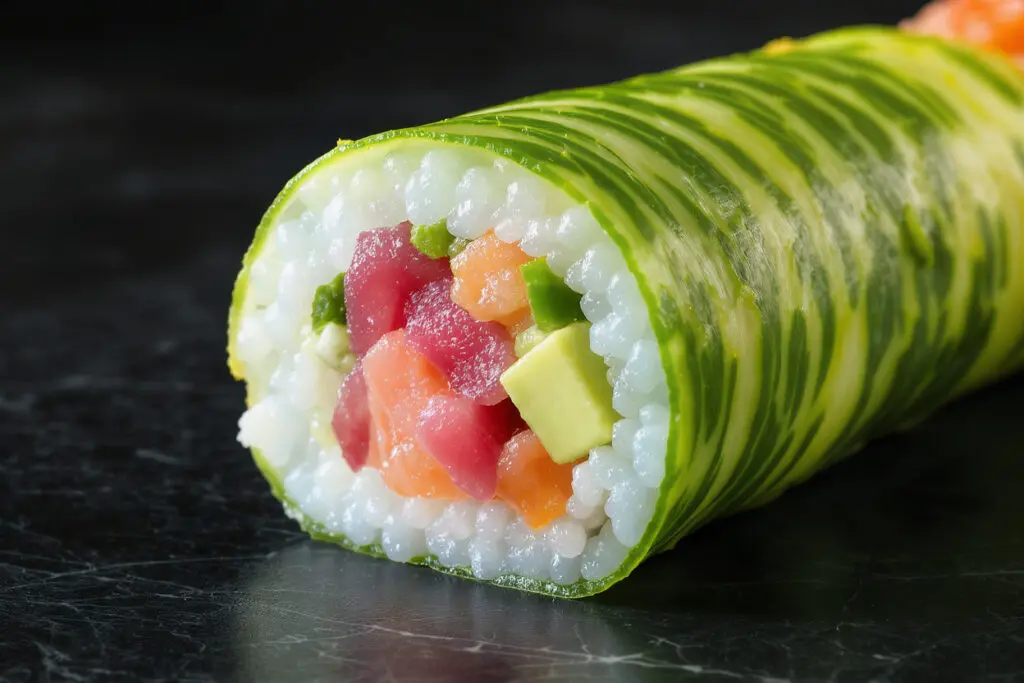 a rice-free sushi roll wrapped in cucumber presented as an excellent low-carb high-protein option for weight loss