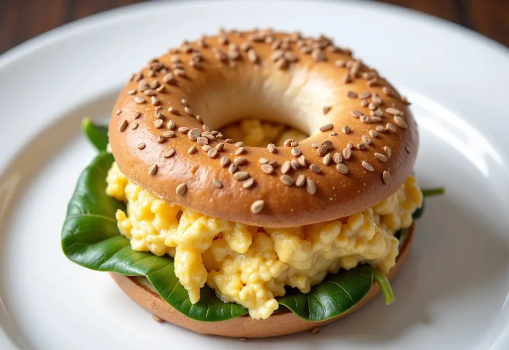 a scooped-out whole-wheat bagel filled with egg whites demonstrating a technique to reduce the calorie and carbohydrate density for a weight loss diet