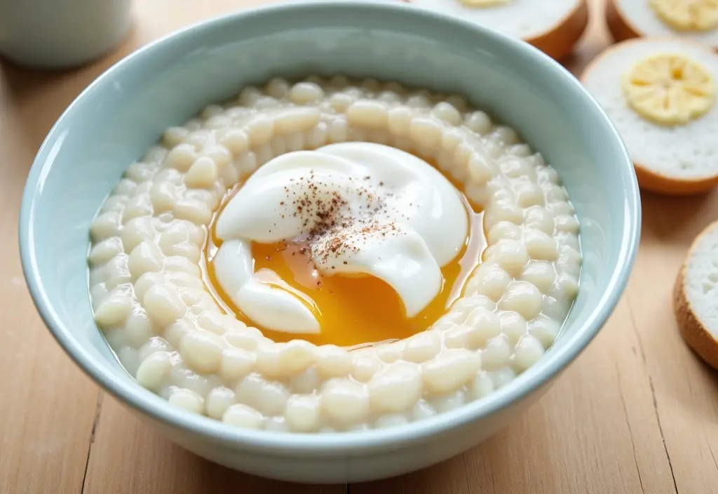 a simple bowl of grits made with water and topped with a poached egg illustrating a low-fat high-protein way to prepare them for weight loss