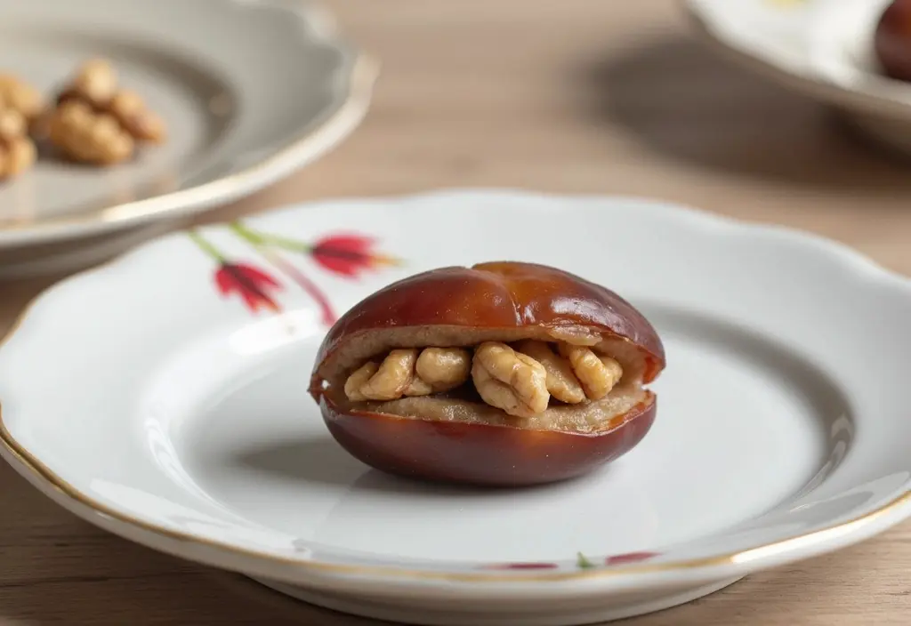 a single date stuffed with a walnut shown as a portion-controlled natural dessert substitute to satisfy a sweet tooth during weight loss