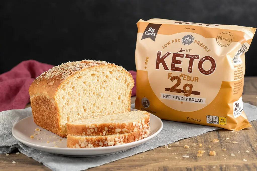 a slice of keto bread with the low-carb nutrition label visible showcasing it as a suitable option for a low-carbohydrate weight loss plan