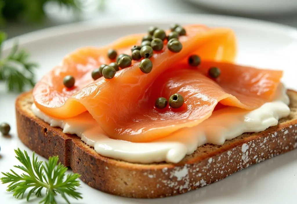 a slice of whole-wheat toast with smoked salmon and capers as an example of a balanced and healthy meal for weight loss