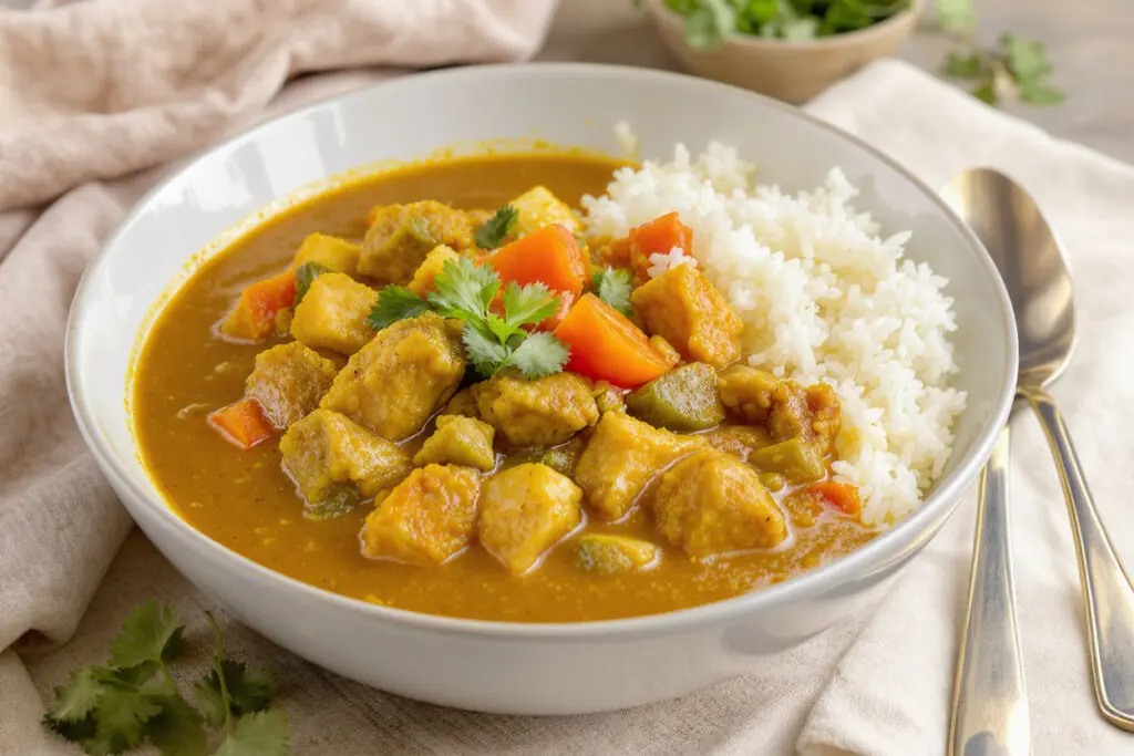 a small controlled portion of basmati rice served alongside a healthy curry showcasing how to include it in a balanced weight loss meal