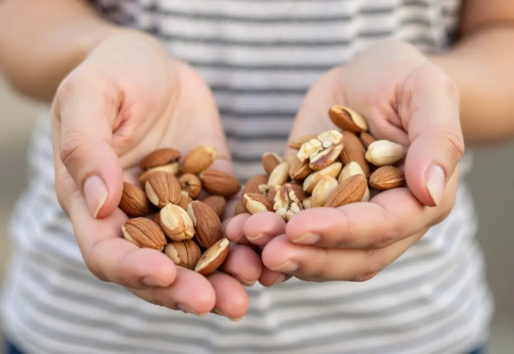 a small handful of mixed nuts visually demonstrating a proper portion-controlled serving size for a healthy weight loss snack