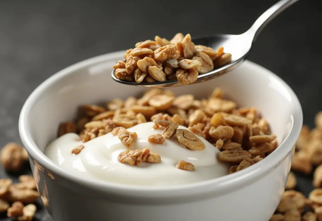 a small measured portion of granola being used as a topping highlighting the importance of strict portion control for this calorie-dense food