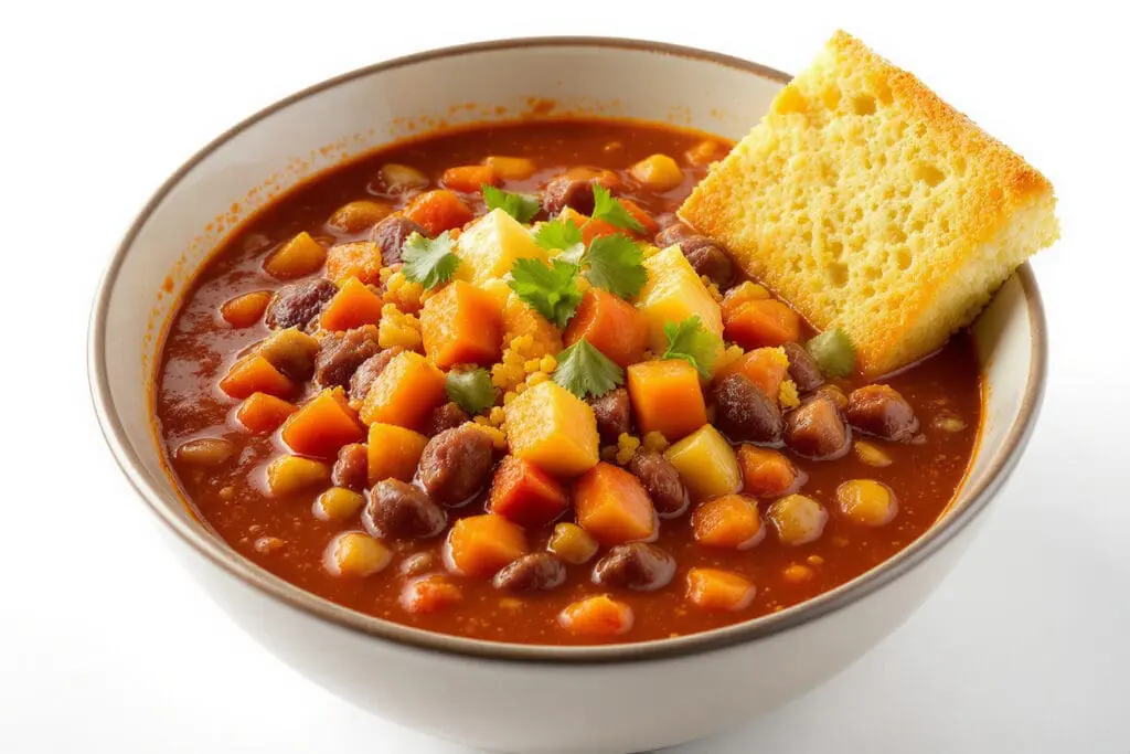 a small piece of cornbread served alongside a healthy bowl of chili illustrating that it should be eaten as a small portion-controlled treat
