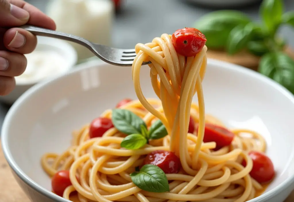 a small portion-controlled serving of whole-wheat pasta with a light tomato sauce demonstrating how to include it in a weight loss plan