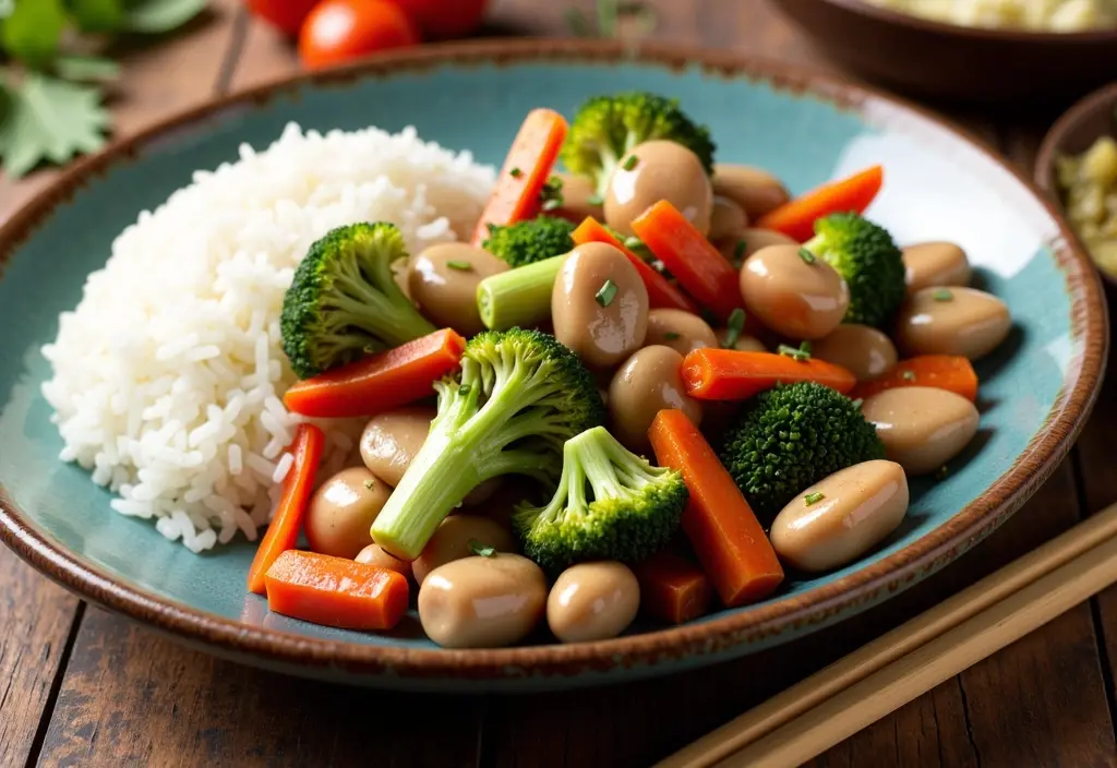 a small portion of jasmine rice serving as a side to a vegetable-rich stir-fry emphasizing portion control for this type of white rice