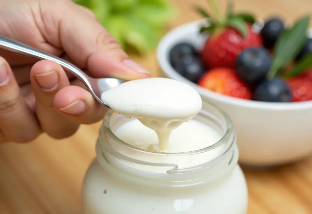 a spoonful of plain natural yogurt representing a healthy probiotic-rich food choice for a weight loss plan