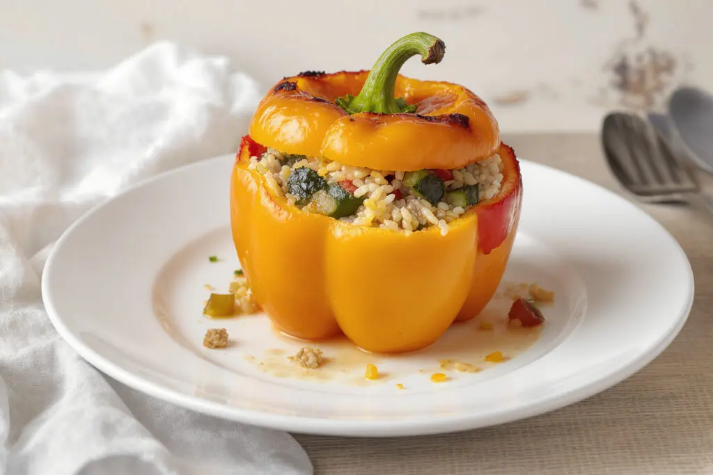 a stuffed bell pepper where basmati rice is used as a binder with lean protein and vegetables showing a balanced meal for weight loss