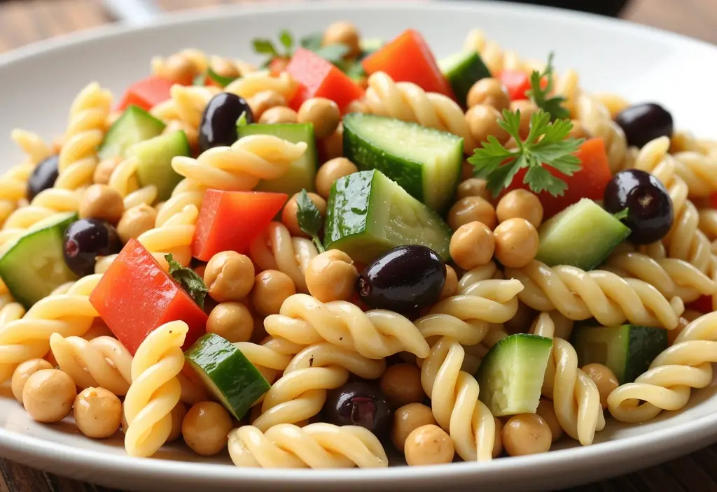 a vegetable-heavy pasta salad showing how to eat pasta in moderation by making vegetables the main component of the dish