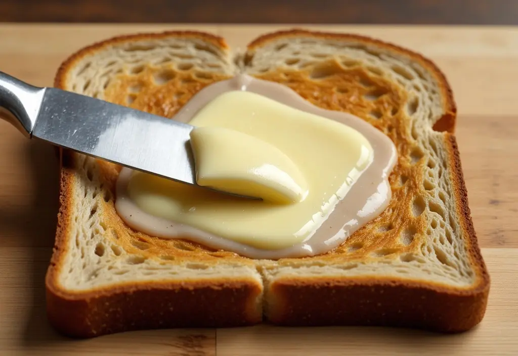 a very thin layer of butter being spread on whole-grain toast demonstrating extreme portion control for including it in a weight loss diet