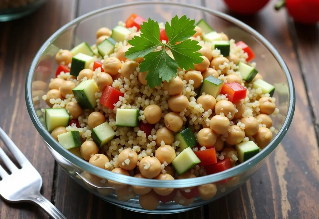 a vibrant quinoa salad packed with vegetables and chickpeas highlighting it as a high-protein high-fiber choice for weight loss