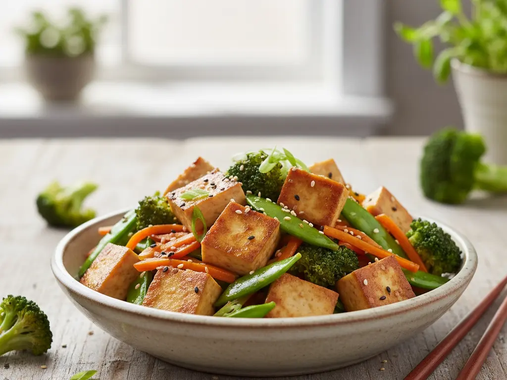a vibrant tofu and vegetable stir-fry showcasing a healthy low-calorie plant-based protein meal for weight loss