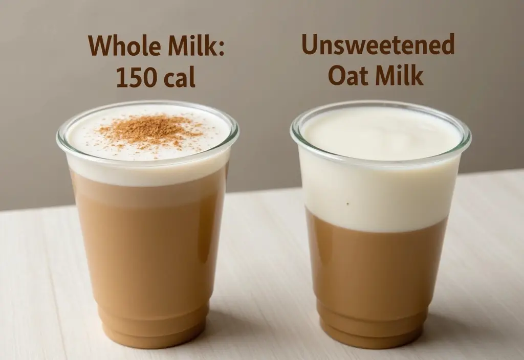 a visual comparison of the calorie content in lattes made with whole milk versus unsweetened oat milk aiding a weight loss choice