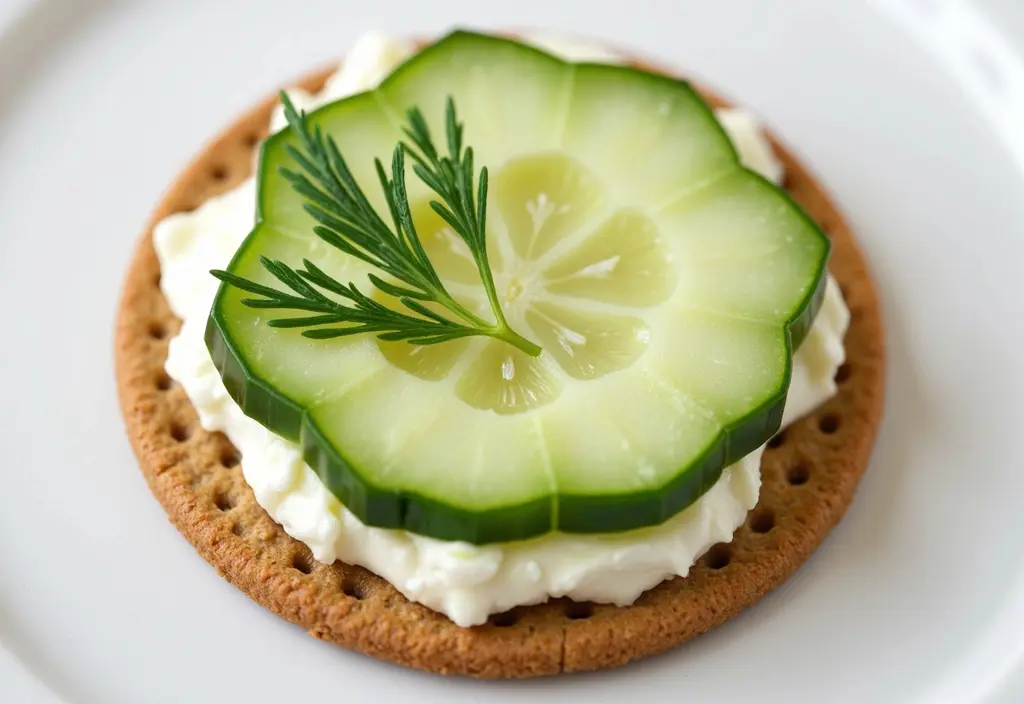 a whole-wheat cracker with a thin layer of low-fat cream cheese presented as a controlled low-calorie snack option for weight loss