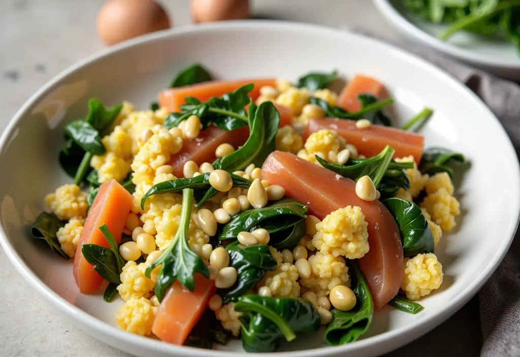 an egg-white scramble with a small amount of smoked salmon added illustrating a high-protein nutrient-dense breakfast for weight loss