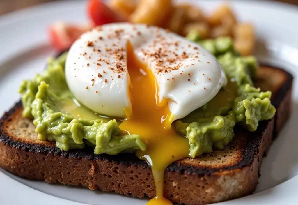 avocado toast on whole-grain bread topped with a poached egg presented as a balanced meal with healthy fats fiber and protein for weight loss