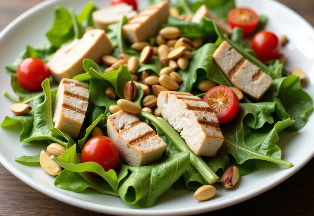 crushed pistachios used as a healthy crunchy topping on a salad showcasing them as a nutrient-dense alternative to croutons