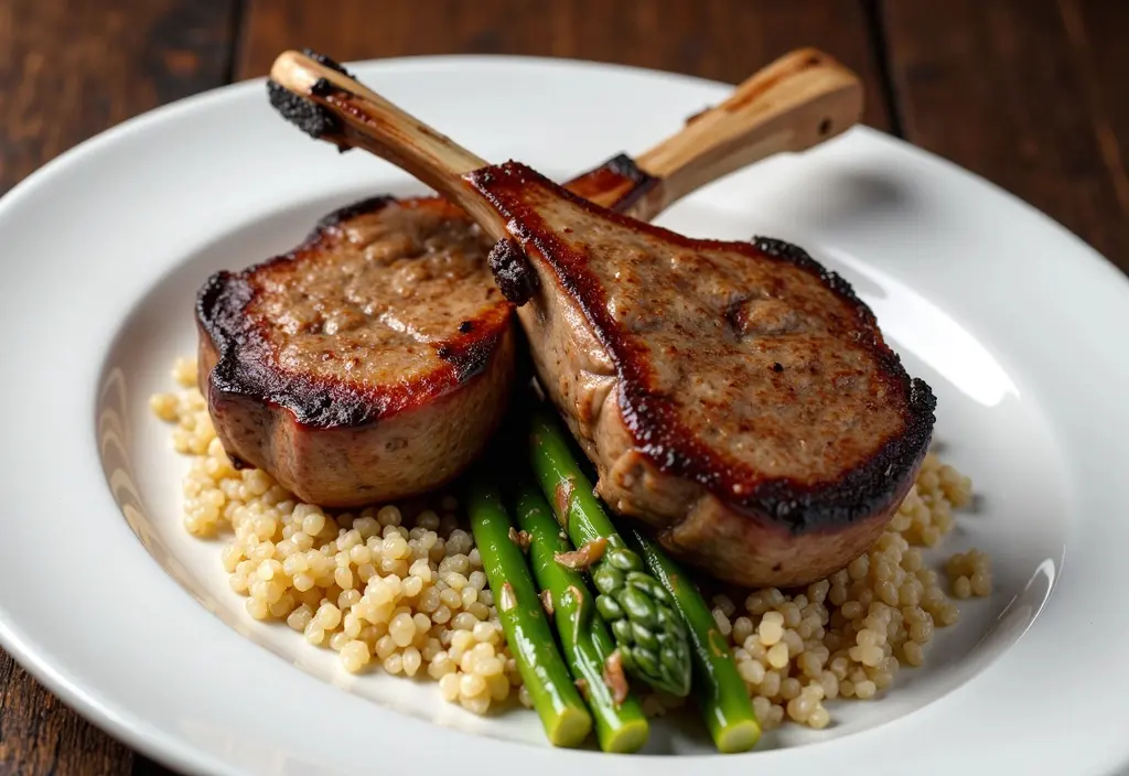 grilled lamb chops with the fat trimmed off served with vegetables as an example of moderate intake in a weight loss diet
