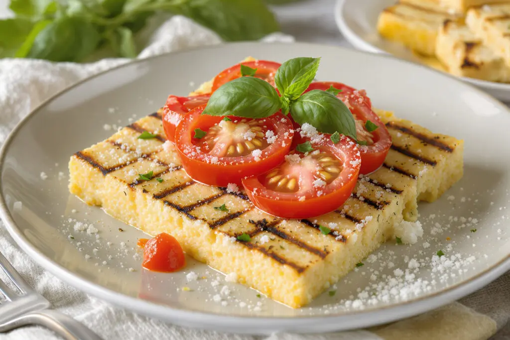 grilled polenta squares with a fresh tomato topping showcasing a healthy non-fried preparation method suitable for weight loss
