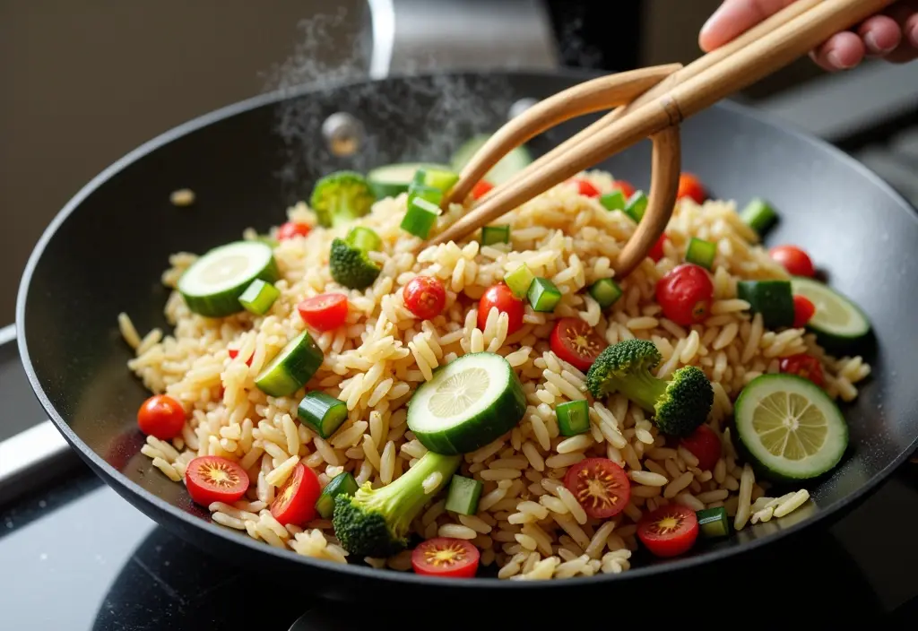 healthy fried rice being cooked with lots of vegetables and minimal oil showing how to incorporate jasmine rice into a low-calorie meal