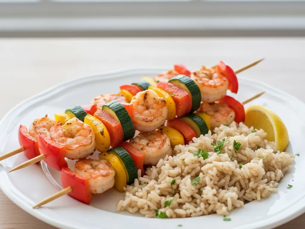 healthy grilled shrimp skewers with vegetables representing a low-calorie high-protein food choice for a weight loss plan