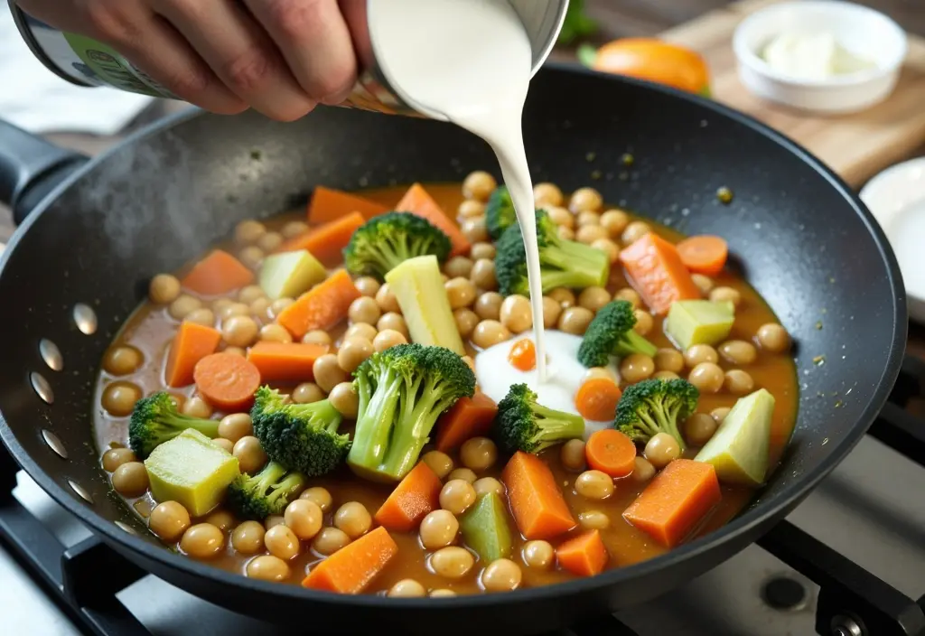 light coconut milk being added to a vegetable curry demonstrating how to use a lower-fat version for a healthy weight loss meal