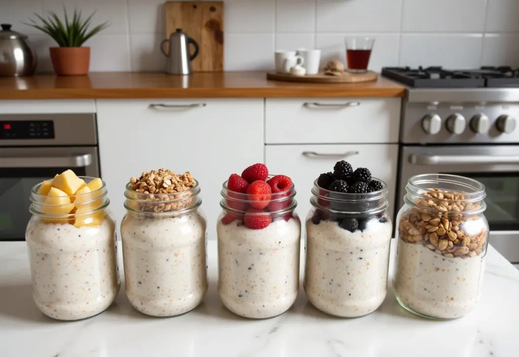 A week's worth of overnight oats being meal-prepped, highlighting their convenience for maintaining a consistent, healthy diet
