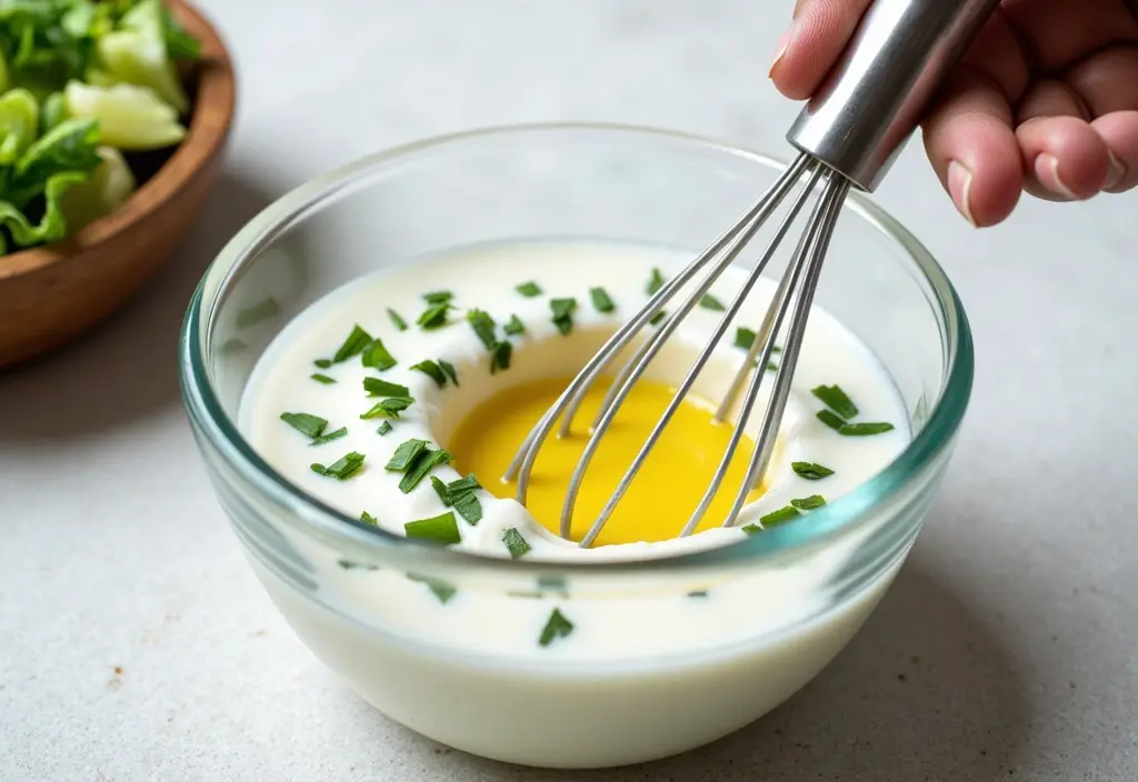 plain yogurt being whisked into a healthy salad dressing demonstrating its use as a low-fat alternative to creamy high-calorie dressings
