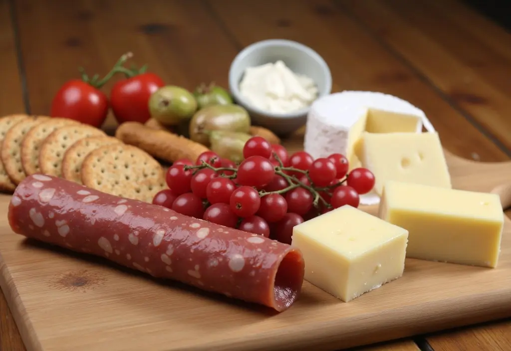 salami shown as a small part of a larger indulgent charcuterie board implying it should be eaten sparingly and not as a primary weight loss food