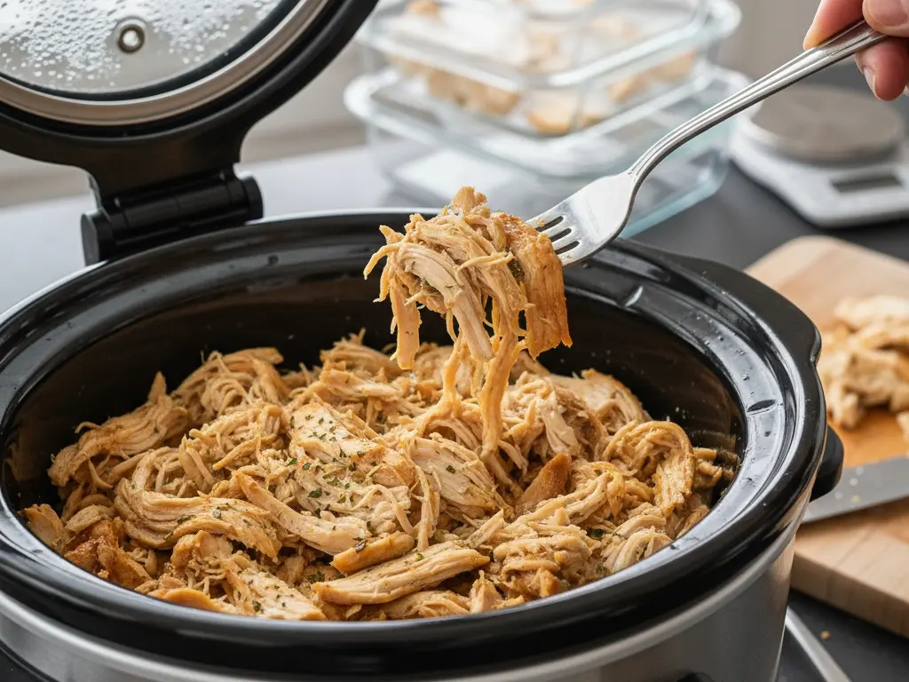 shredded chicken breast in a slow cooker demonstrating an easy way to prepare lean protein in bulk for weight loss meals